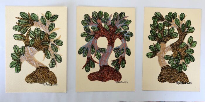 Set of 3 authentic Gond Paintings of trees (without frame) - Image 2