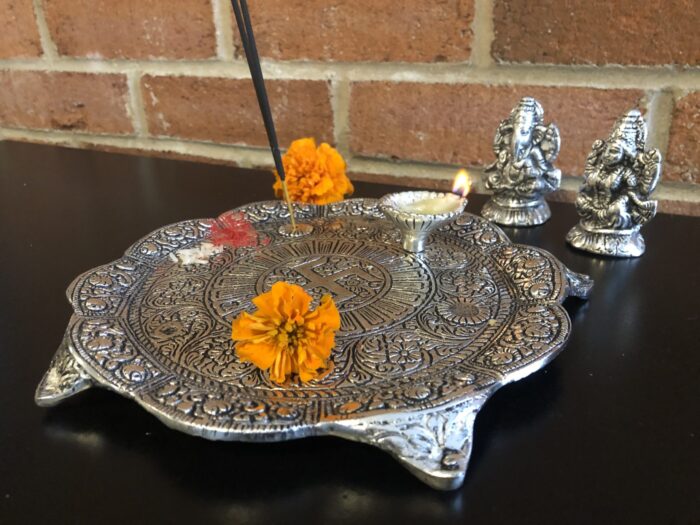 Lakshmi Ganesh idol with Diya on a 8" round plate stand. - Image 6