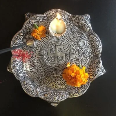 Diya and decorative Puja plate in antique silver finish