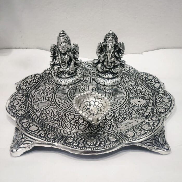 Lakshmi Ganesh idol with Diya on a 8" round plate stand. - Image 5